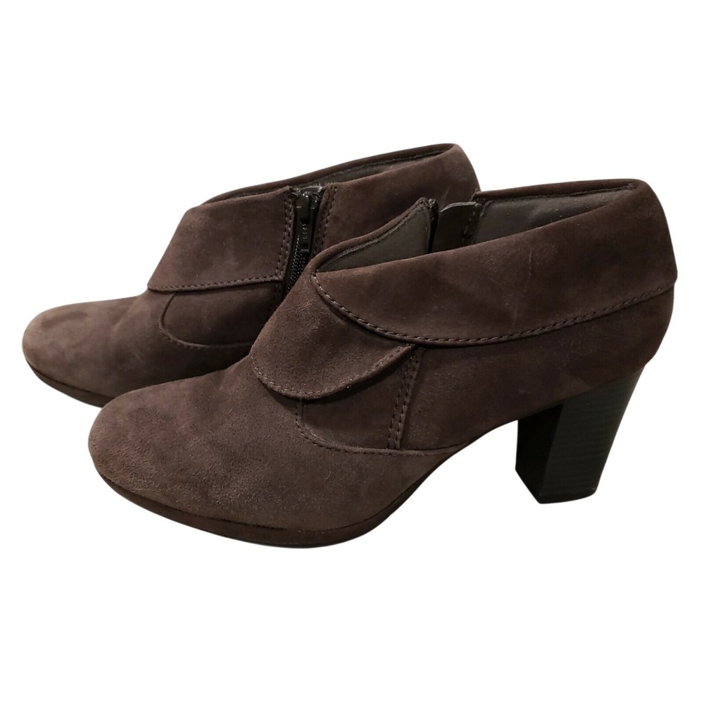 Clarks Women's Brown Suede‎ Foldover Ankle Boots Side Zip Block Heel